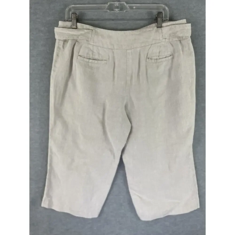 Talbots Petites 14P Pure Irish Linen Beige Cropped Wide Leg Capri Belted Pants